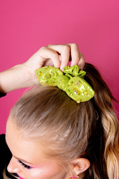 Shimmer Bow Scrunchie with Hand Sewn Crystals in Green PRE-ORDER (Est. Ship 9/27)