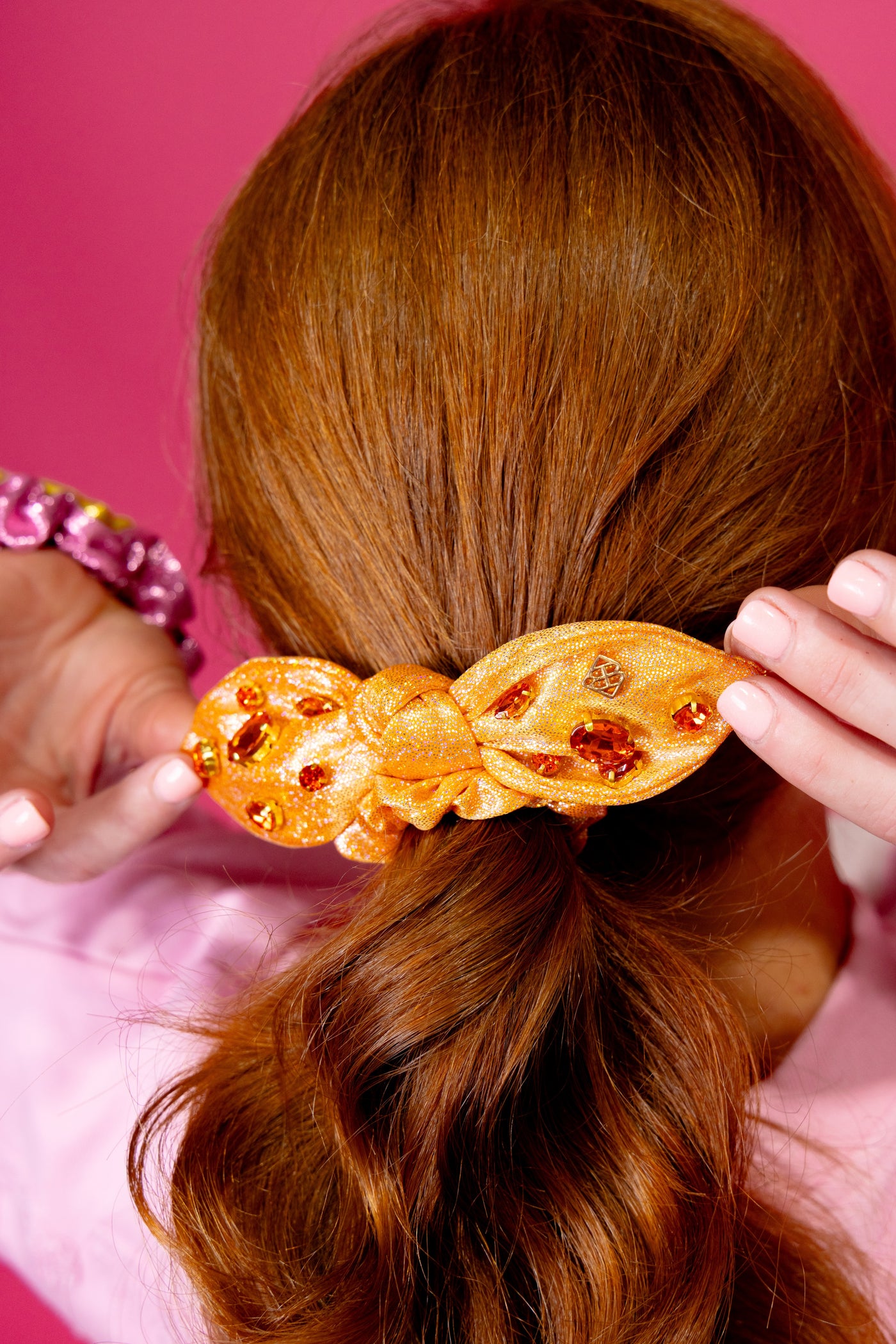 Shimmer Bow Scrunchie with Hand Sewn Crystals in Orange PRE-ORDER (Est. Ship 9/27)