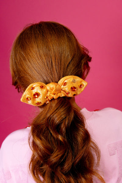 Shimmer Bow Scrunchie with Hand Sewn Crystals in Orange PRE-ORDER (Est. Ship 9/27)