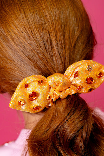 Shimmer Bow Scrunchie with Hand Sewn Crystals in Orange PRE-ORDER (Est. Ship 9/27)