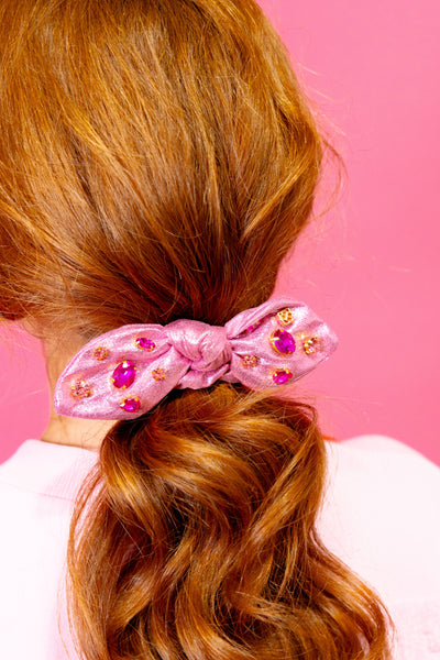 Shimmer Bow Scrunchie with Hand Sewn Crystals in Pink PRE-ORDER (Est. Ship 9/27)