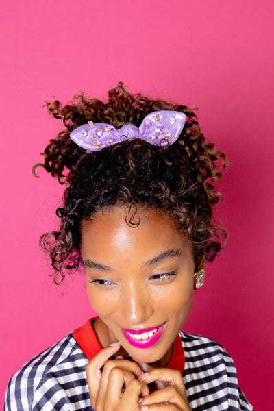 Shimmer Bow Scrunchie with Hand Sewn Crystals in Purple PRE-ORDER (Est. Ship 10/4)