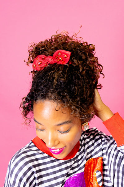 Shimmer Bow Scrunchie with Hand Sewn Crystals in Red PRE-ORDER (Est. Ship 9/27)