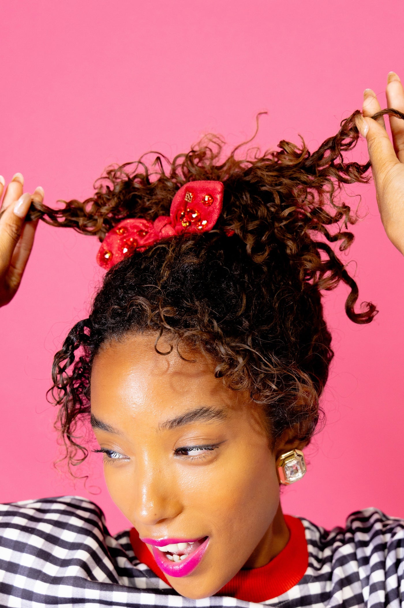 Shimmer Bow Scrunchie with Hand Sewn Crystals in Red PRE-ORDER (Est. Ship 9/27)