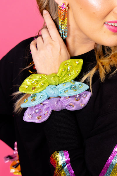 Shimmer Bow Scrunchie with Hand Sewn Crystals in Purple PRE-ORDER (Est. Ship 9/27)