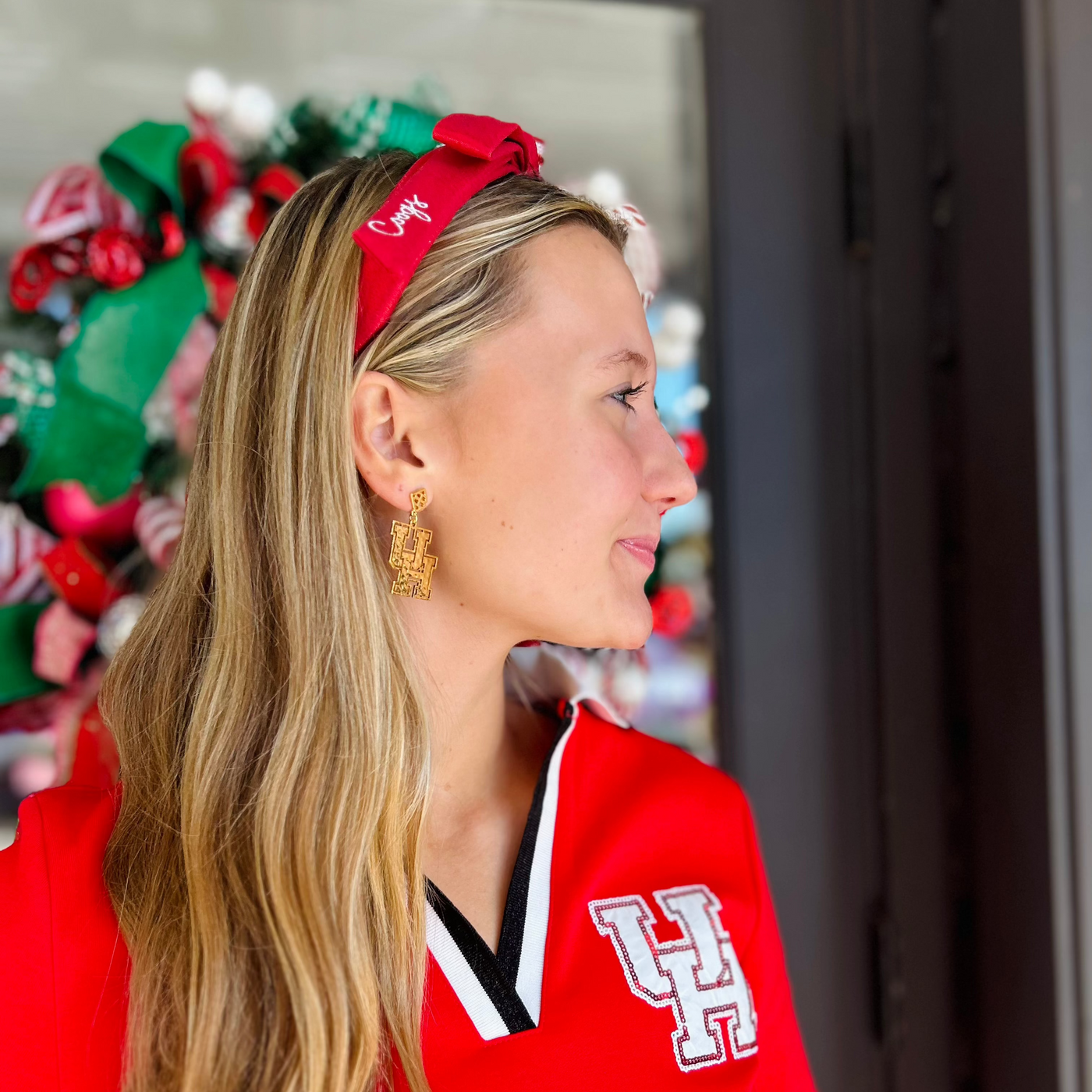 Houston Red Thin Embroidered Ribbon Bow Headband