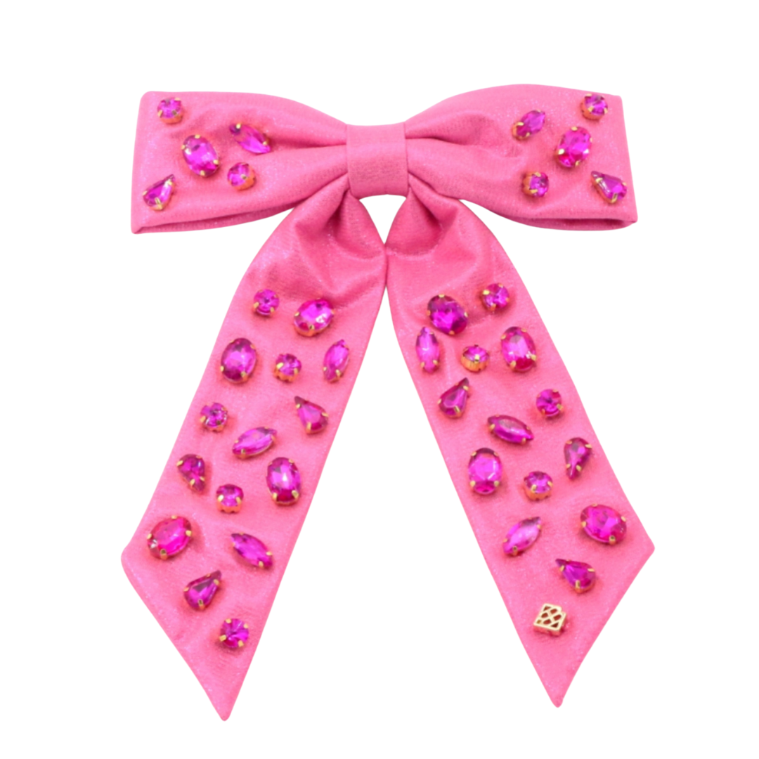 Shimmer Bow Barrette with Hand Sewn Crystals in Pink