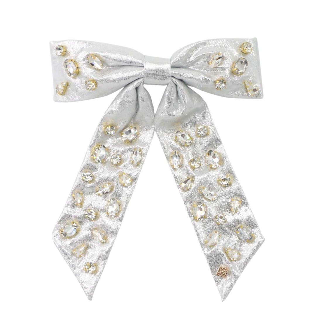 Shimmer Bow Barrette with Hand Sewn Crystals in Silver
