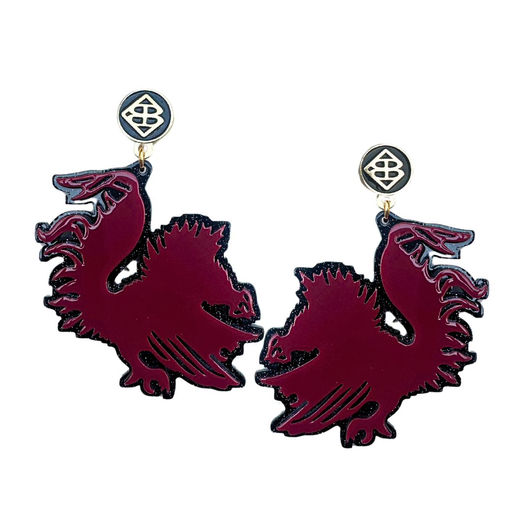 University of South Carolina Garnet and Black Glitter Gamecock Earrings