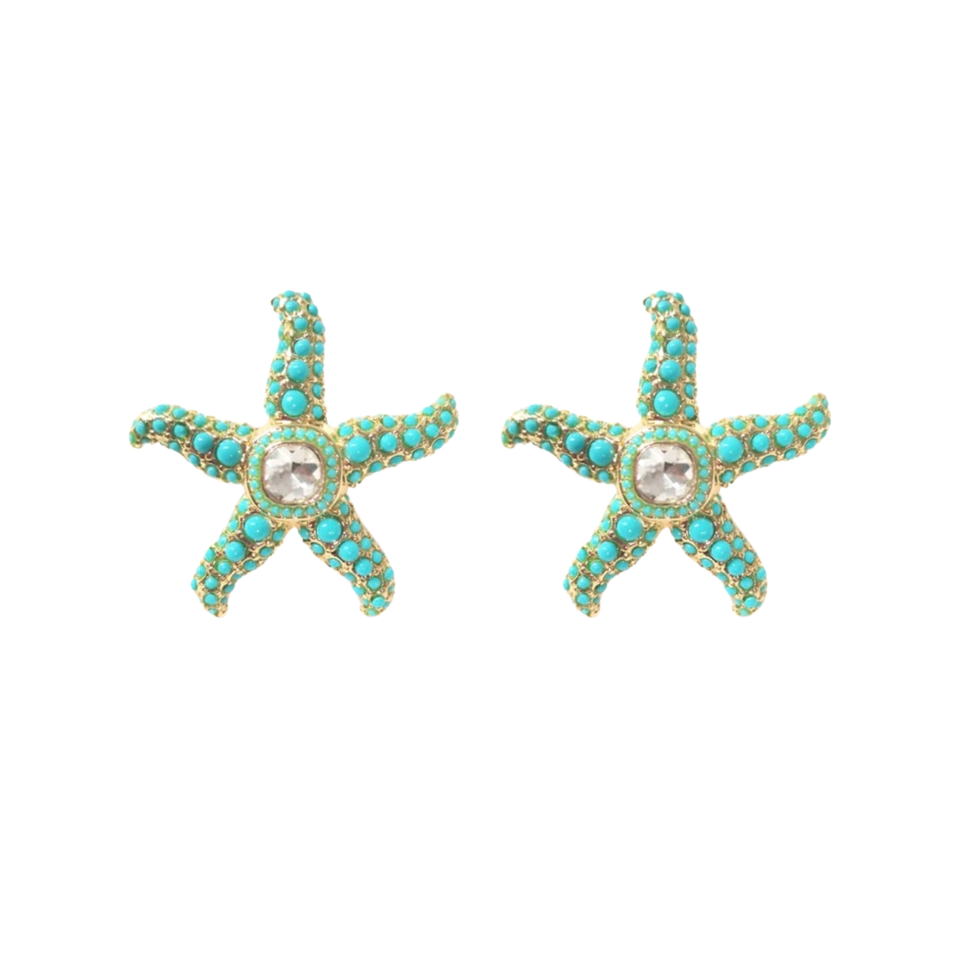 Turquoise Cabochon and Crystal Starfish Stud Earrings
