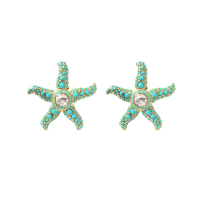 Turquoise Cabochon and Crystal Starfish Stud Earrings