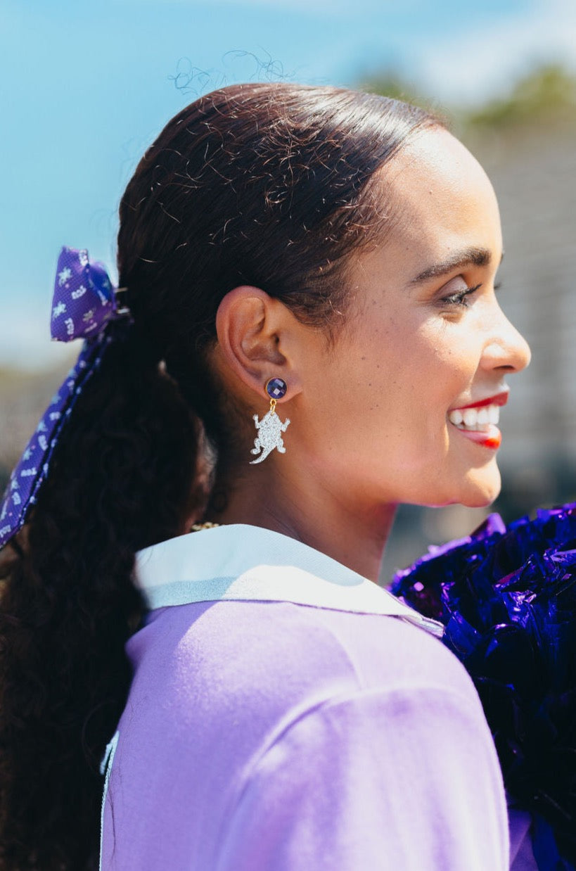 TCU Mini Silver Glitter Horned Frog Earrings