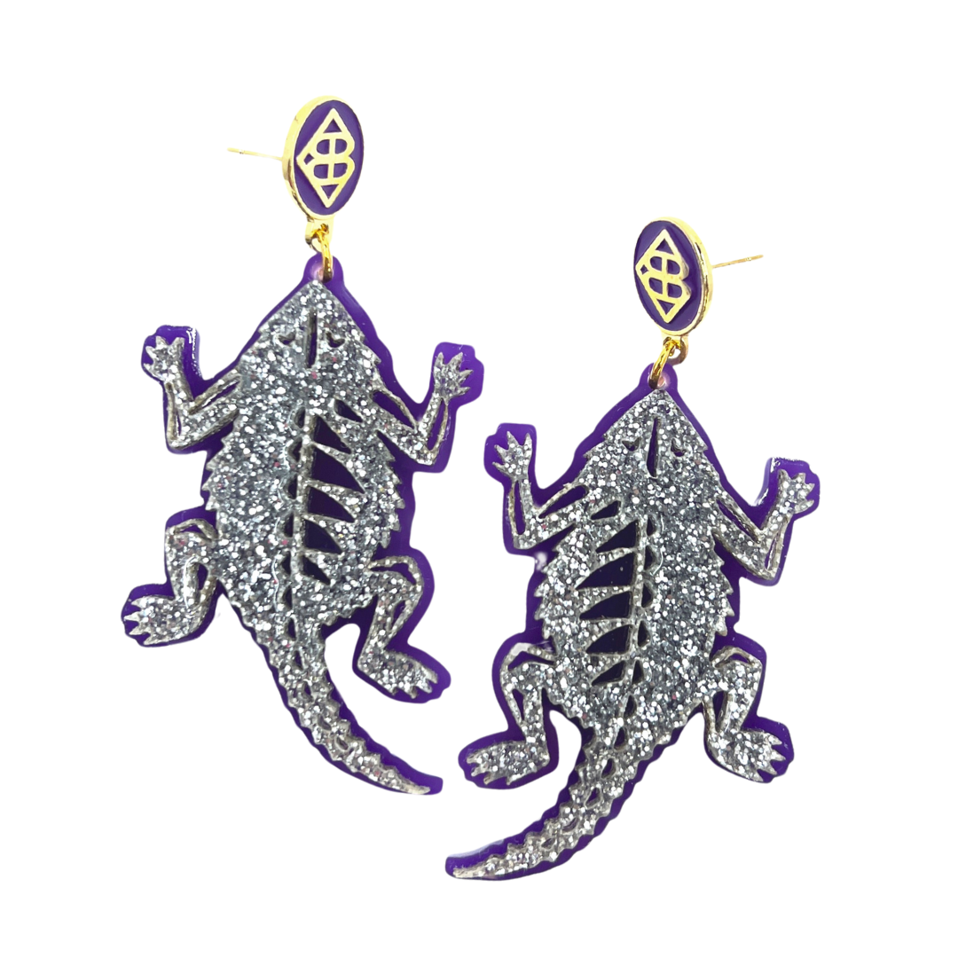 Silver and Purple TCU Horned Frog Earrings