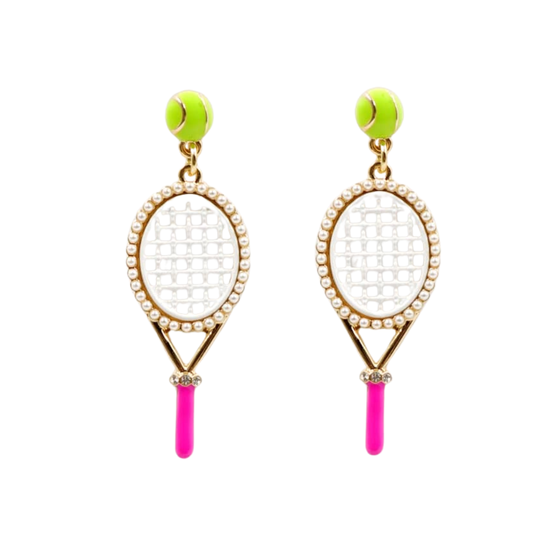 Fan Gear Tennis Racquet Earrings with Tennis Ball Top