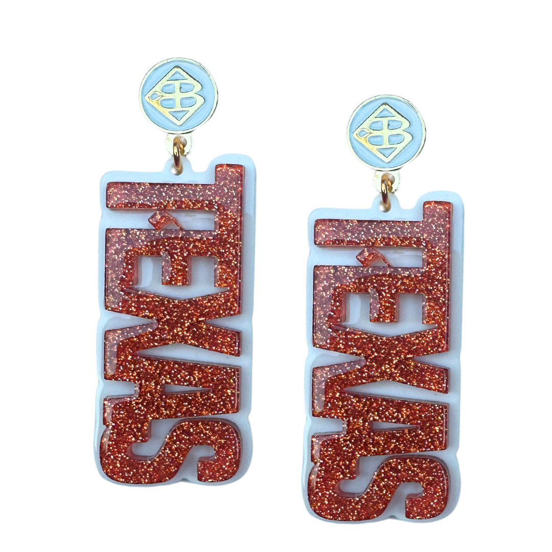 Burnt Orange Glitter and White TEXAS Earrings