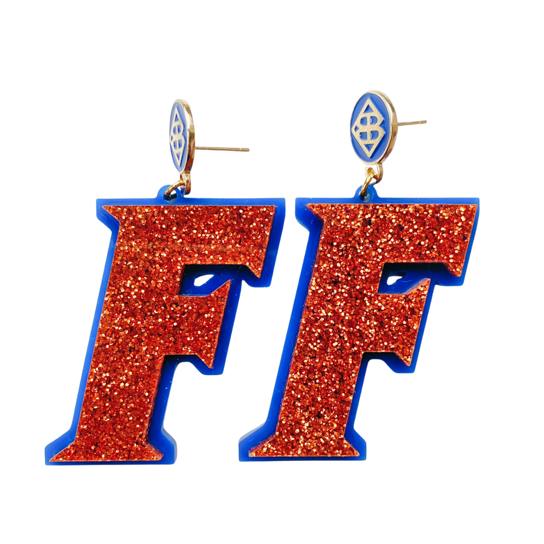 Florida - Orange Glitter F Logo Earrings over Blue with Blue Logo Top