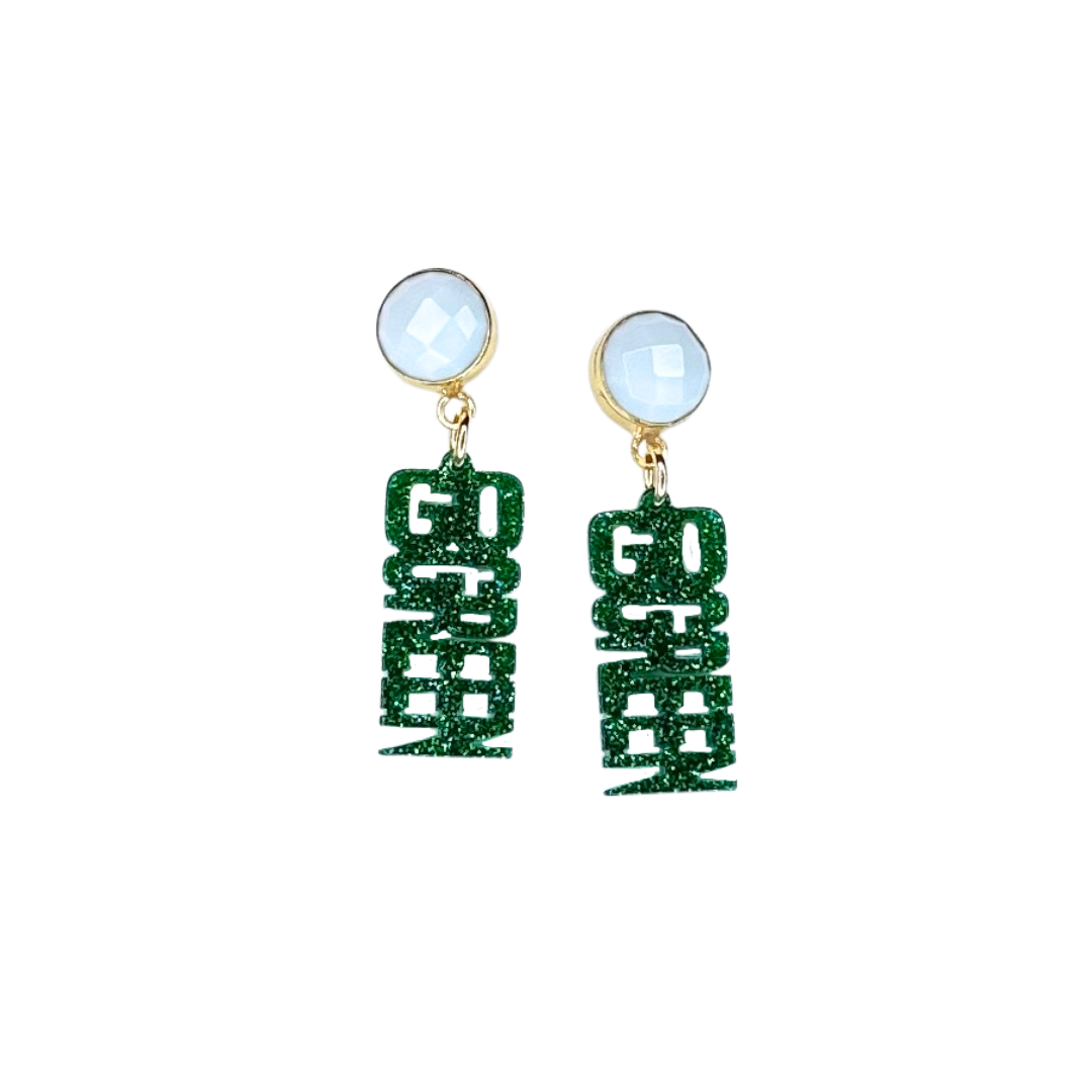 Michigan State Mini Green Glitter GO GREEN GO WHITE Earrings