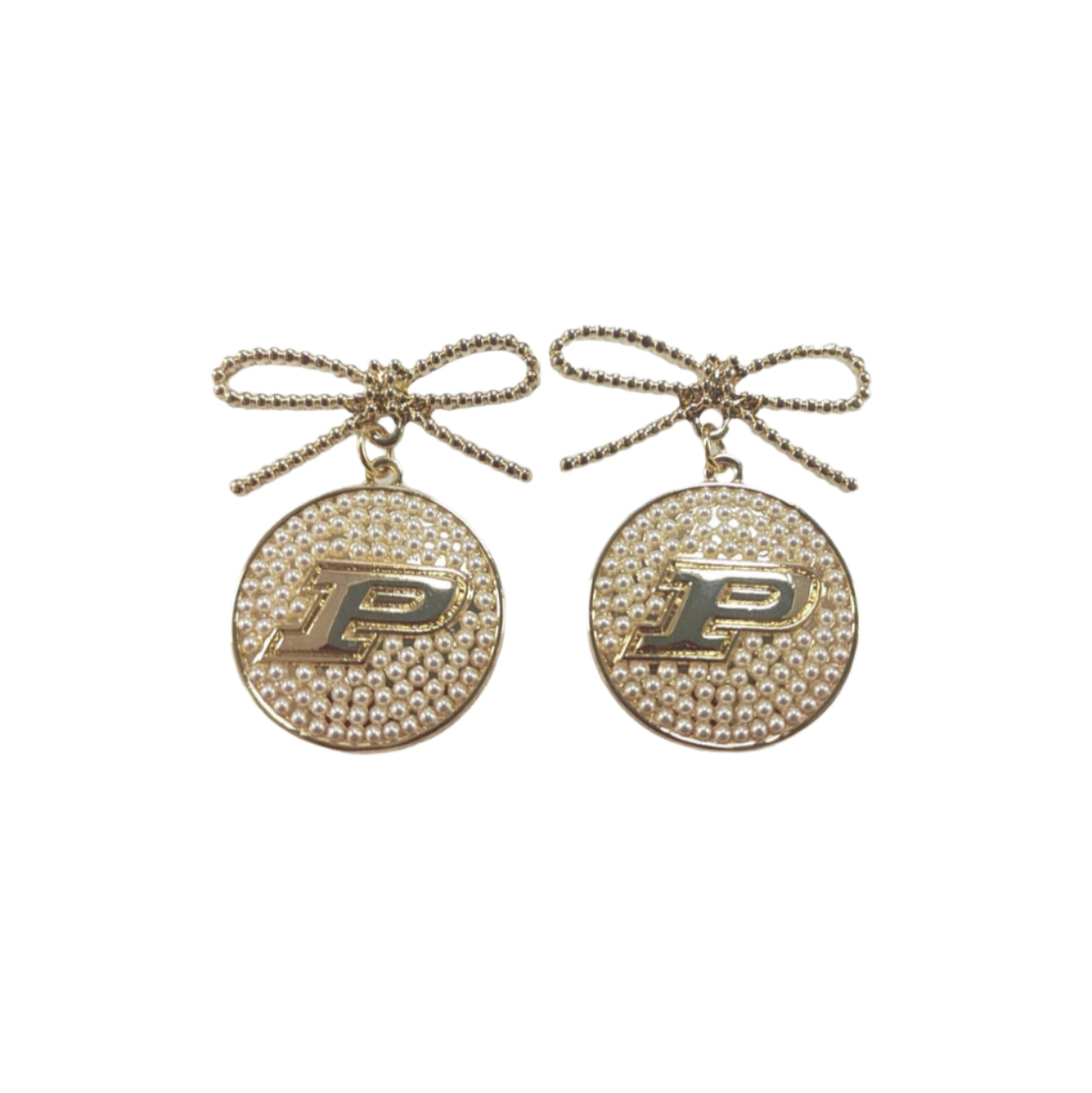 Purdue Pearl Bow Medallion Earrings