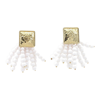 Square BC Icon White Beaded Earrings