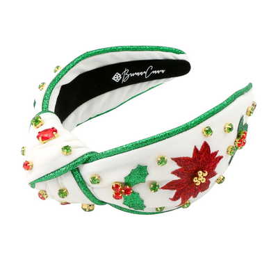 White Embroidered Poinsettia Headband with Green Crystals