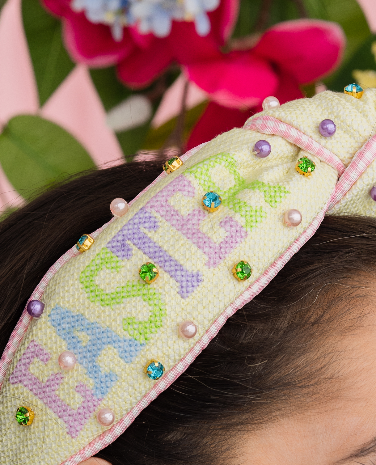 Child Size Pastel Yellow EASTER Cross Stitch Headband