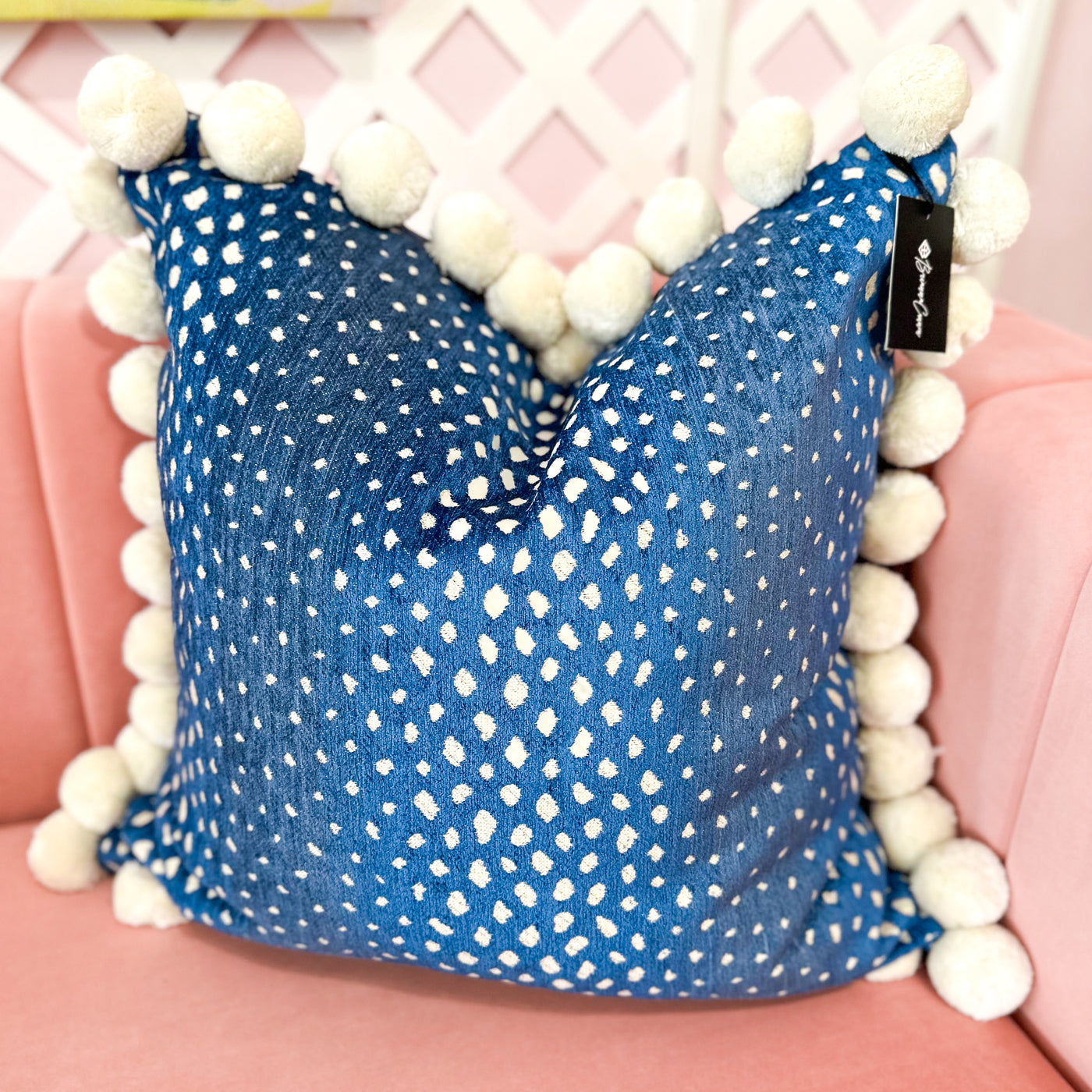 Thibaut Designer Pillow Cover - Gazelle in Blue with Jumbo Pom Trim