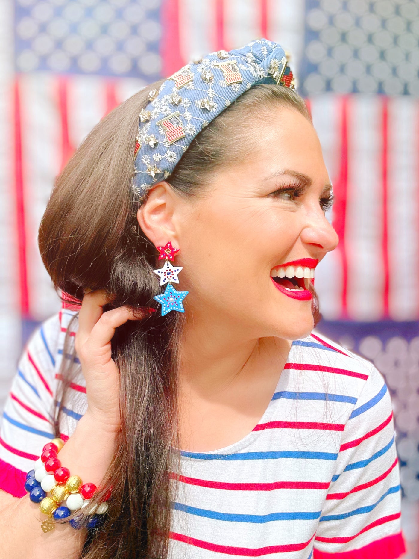 Red, White & Blue Star Earrings with Crystals and Pearls
