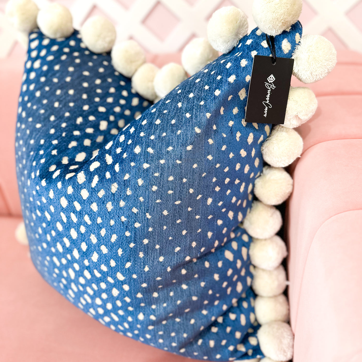 Thibaut Designer Pillow Cover - Gazelle in Blue with Jumbo Pom Trim