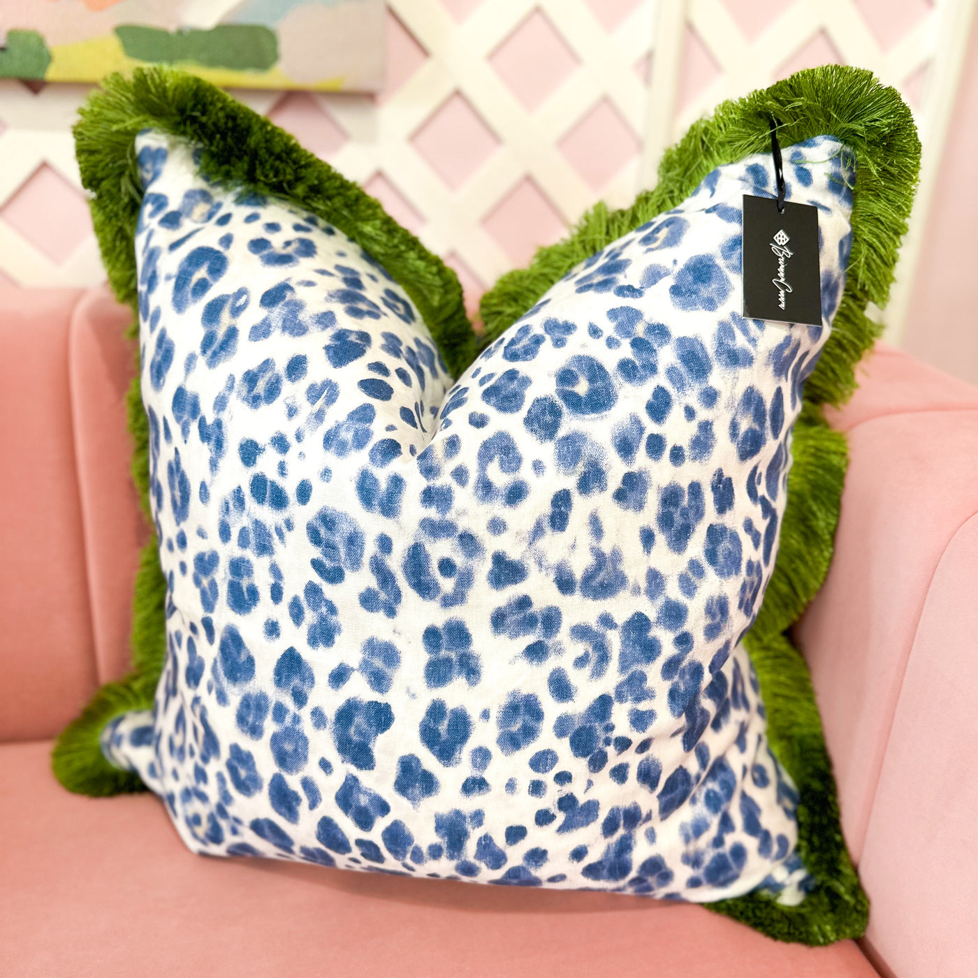 Thibaut Designer Pillow Cover - Panthera in Navy with Green Brush Trim