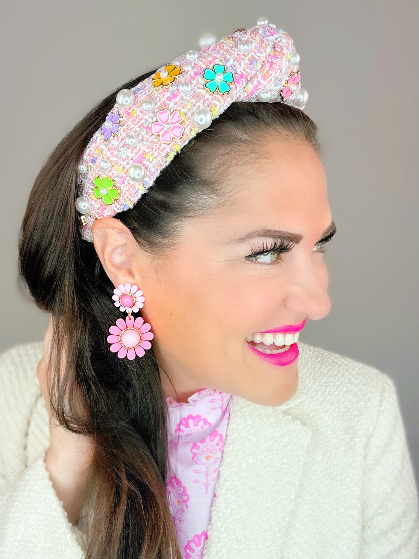Adult Size Pink Tweed Headband with Flowers