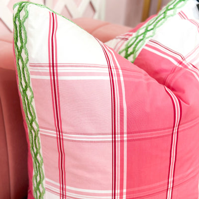 Thibaut Designer Pillow Cover - New England Plaid in Raspberry with Hartney Trim