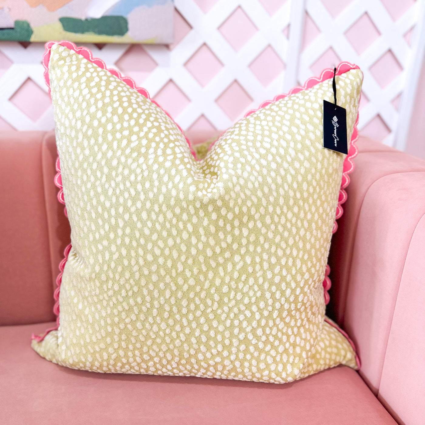 Thibaut Designer Pillow Cover - Spot On in Citron with Pink Pippa Trim