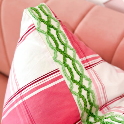 Thibaut Designer Pillow Cover - New England Plaid in Raspberry with Hartney Trim