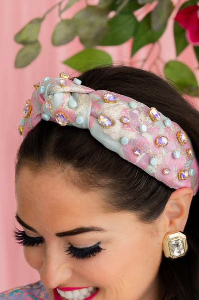 Adult Size Pink & Blue Brocade Headband with Crystals & Stones