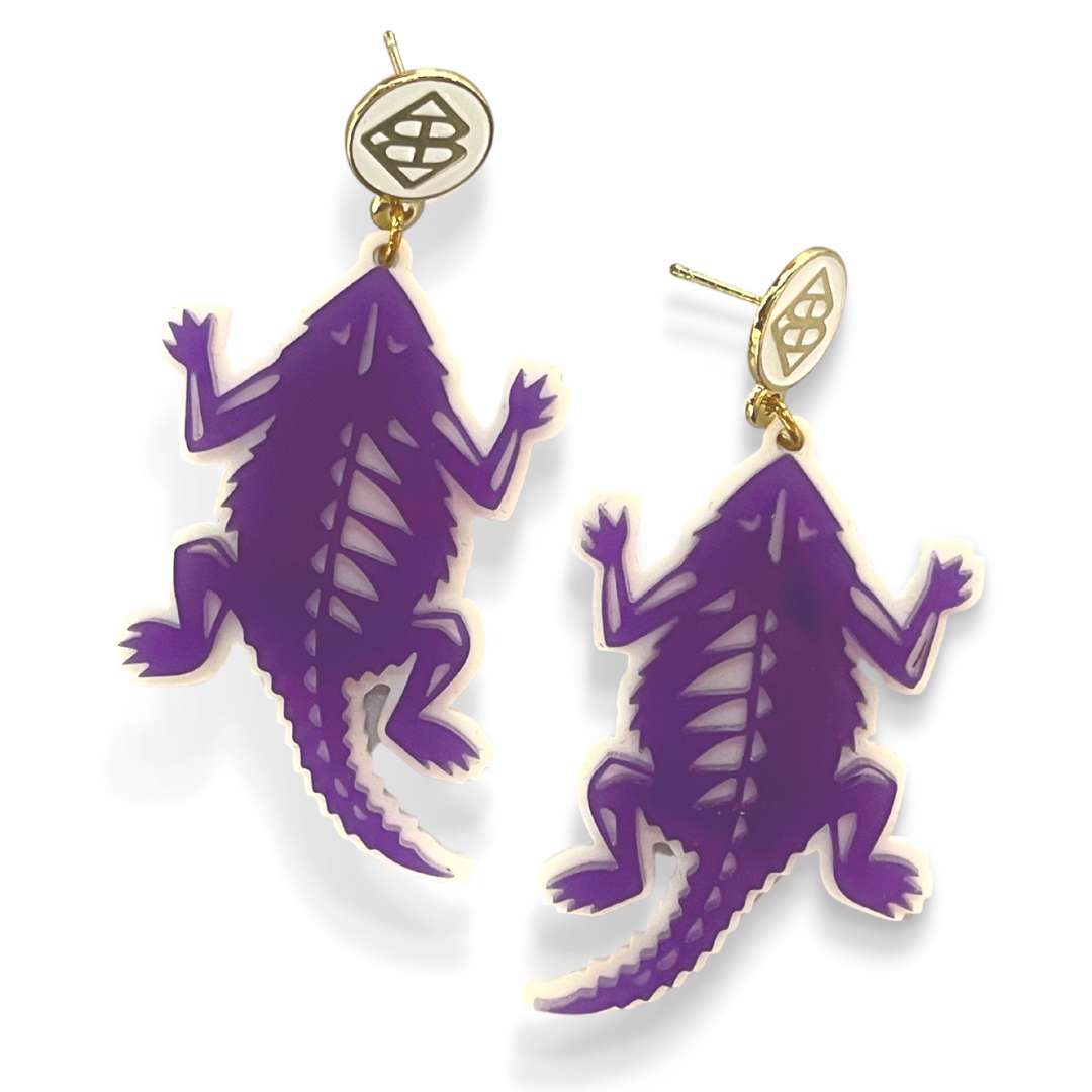 Purple and White TCU Horned Frog Earrings