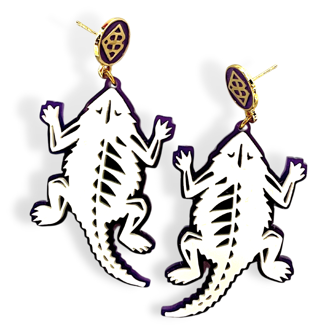 White and Purple TCU Horned Frog Earrings