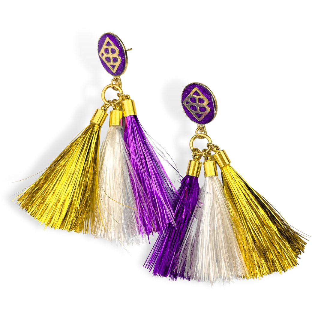 Purple, Gold, and White Metallic Jumbo Tassel Earrings