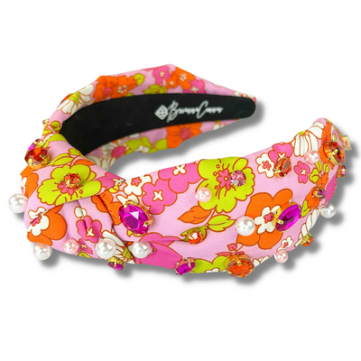 Pink and Orange Retro Floral Headband with Crystals and Pearls