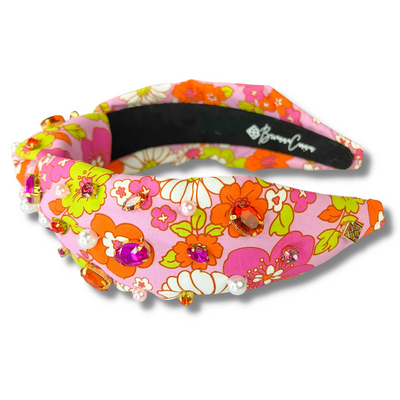 Pink and Orange Retro Floral Headband with Crystals and Pearls