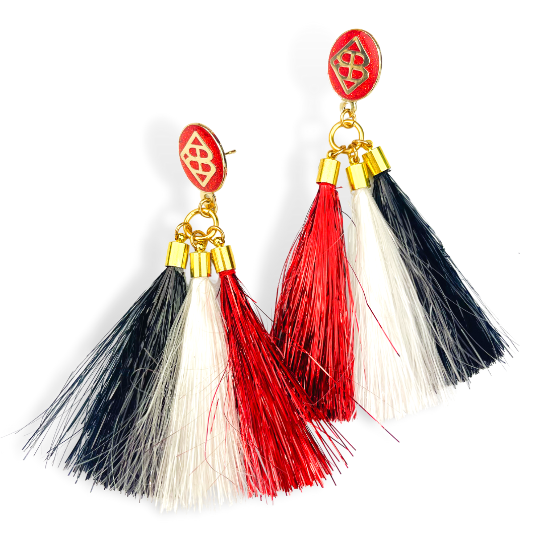 Red, Black, and White Metallic Jumbo Tassel Earrings