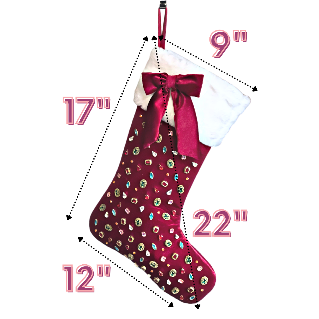 Dark Berry Red Bejeweled Velvet Christmas Stocking with Bow