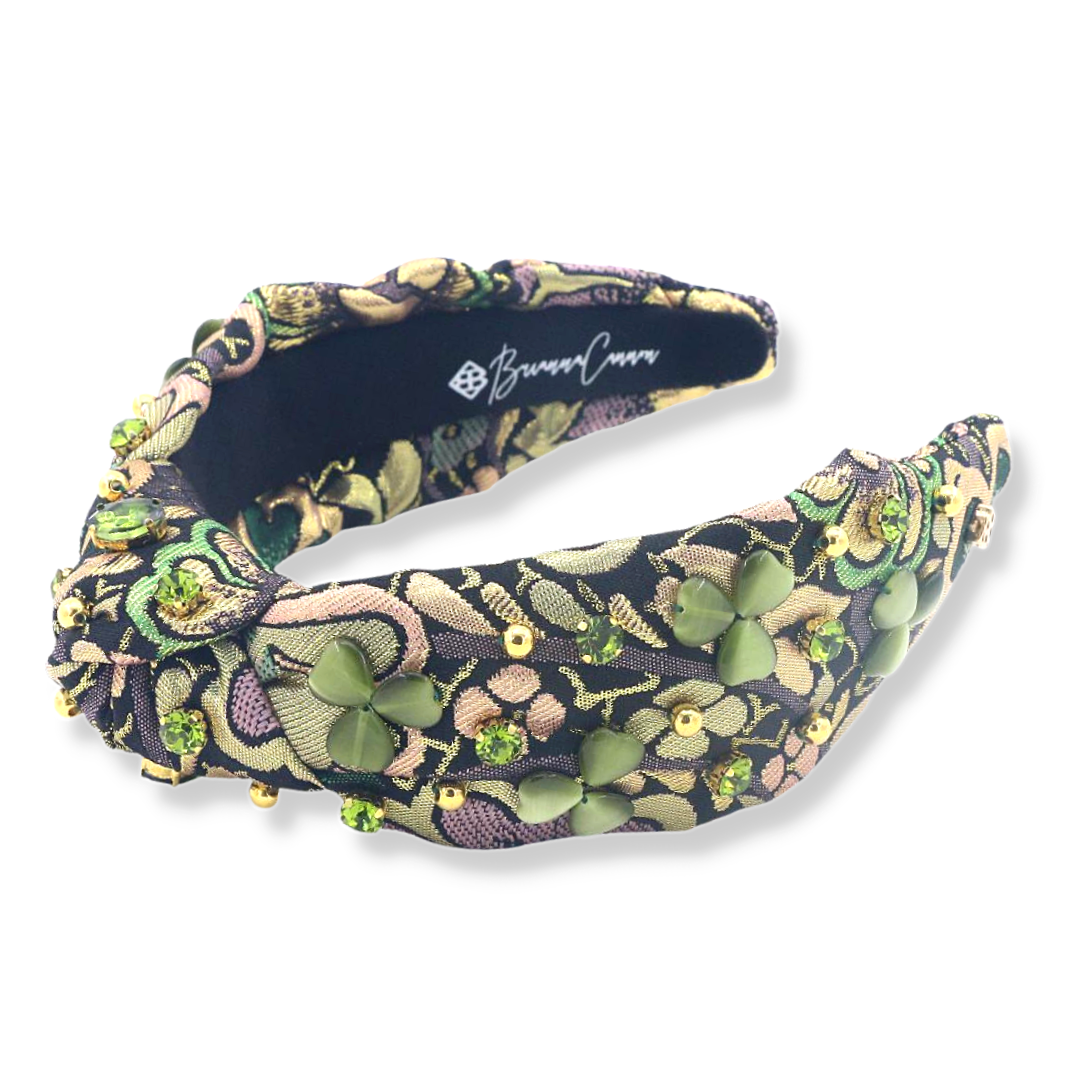 Green Brocade Headband With Shamrocks and Crystals