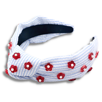 Blue and White Seersucker Striped Headband with Red Flowers
