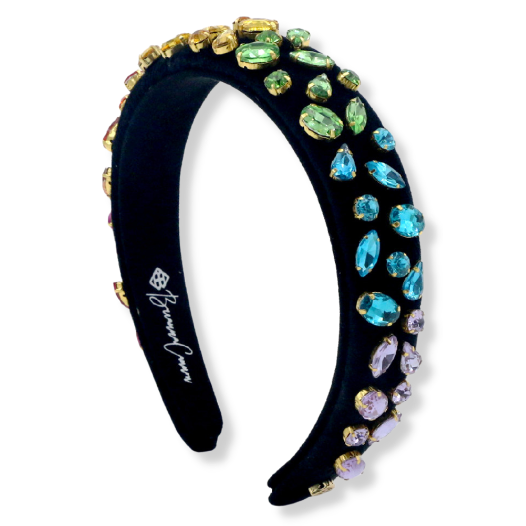 Thin Black Velvet Headband with Rainbow Gradient Hand-Sewn Crystals