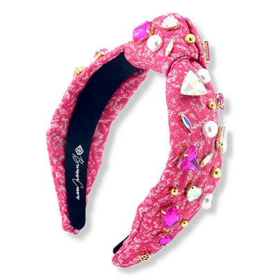 Pink Textured Headband with Crystals and Pearls