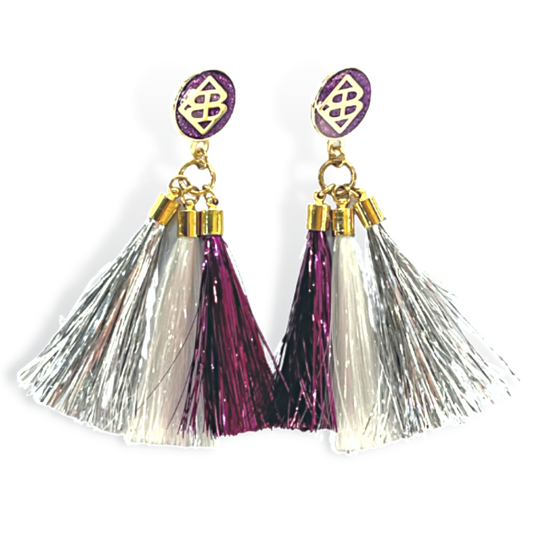 Purple, Silver, and White Metallic Jumbo Tassel Earrings