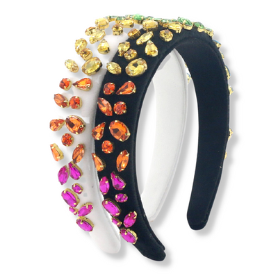 White Velvet Thin Headband with Rainbow Gradient Hand-Sewn Crystals