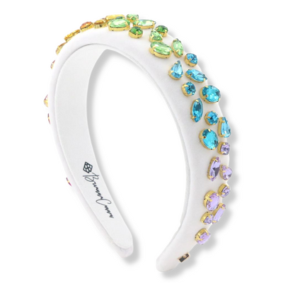White Velvet Thin Headband with Rainbow Gradient Hand-Sewn Crystals