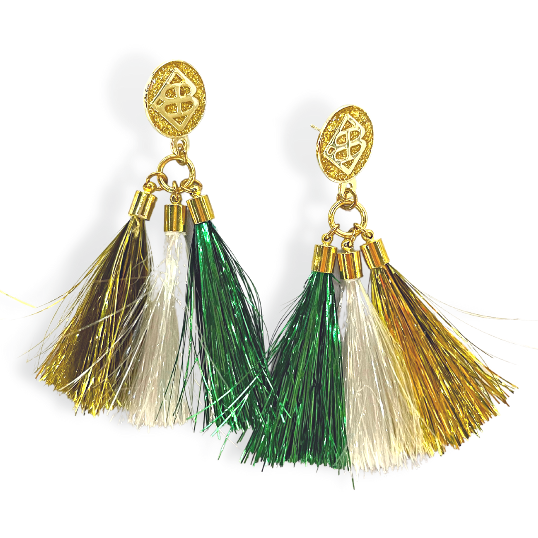 Green, White, and Gold Metallic Jumbo Tassel Earrings