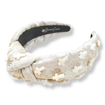 Ivory Brocade Headband with Pearl Crosses